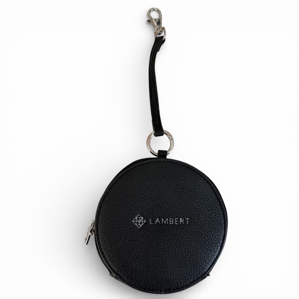 LAMBERT Black Round Vegan Leather Coin Pouch Wristlet Card Holder os